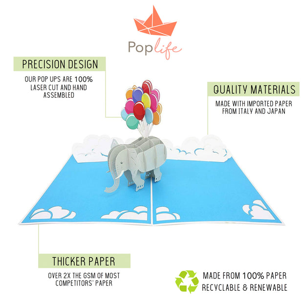 Flying Elephant and Balloons Pop Up Card