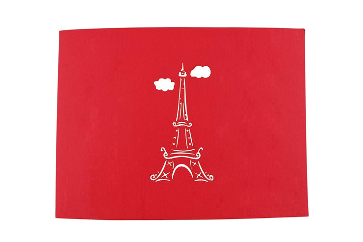 Front cover of card with red color features Eifel Towel and clouds