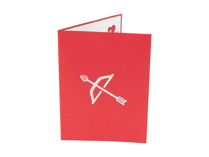 Front cover of card with red color features cupid's bow and arrow