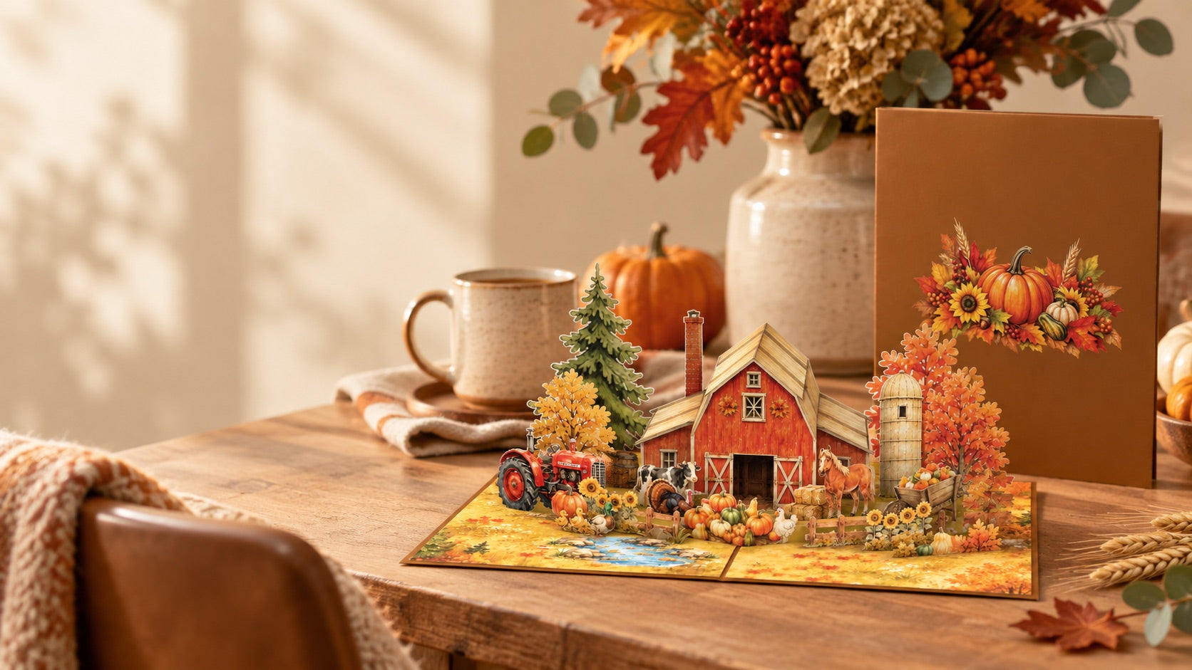 A PopLife pop-up card displayed in a warm, seasonal table setting